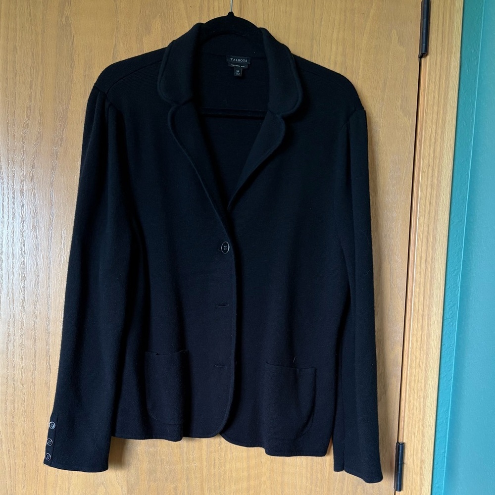 Talbots Black Merino Wool Blazer Classic Tailored Knit Suit Jacket